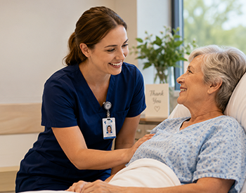 Female Nurse smiling at an elderly female patient that is sitting up in a swing bed