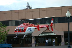 An emergency helicopter in mid-air